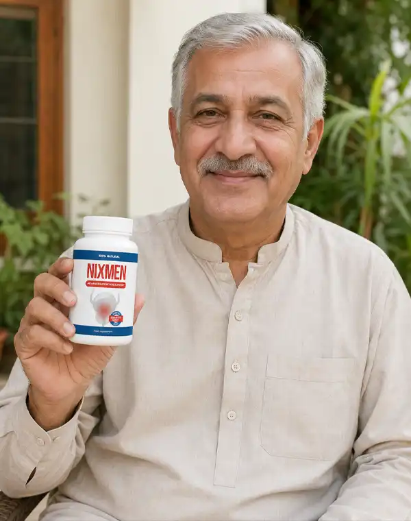 ایک خوش اور پُراعتماد مرد Nixmen کی بوتل ہاتھ میں پکڑے ہوئے